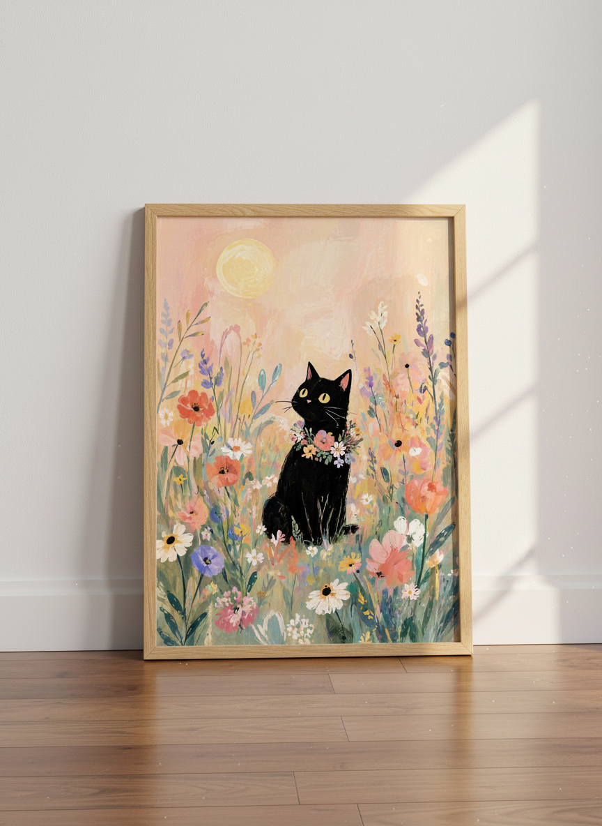 Black Cat in Flowers | Whimsical Pastel Impressionist Art, Nursery &amp; Living Room Decor