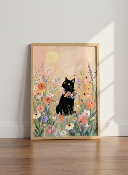 Black Cat in Flowers | Whimsical Pastel Impressionist Art, Nursery &amp; Living Room Decor