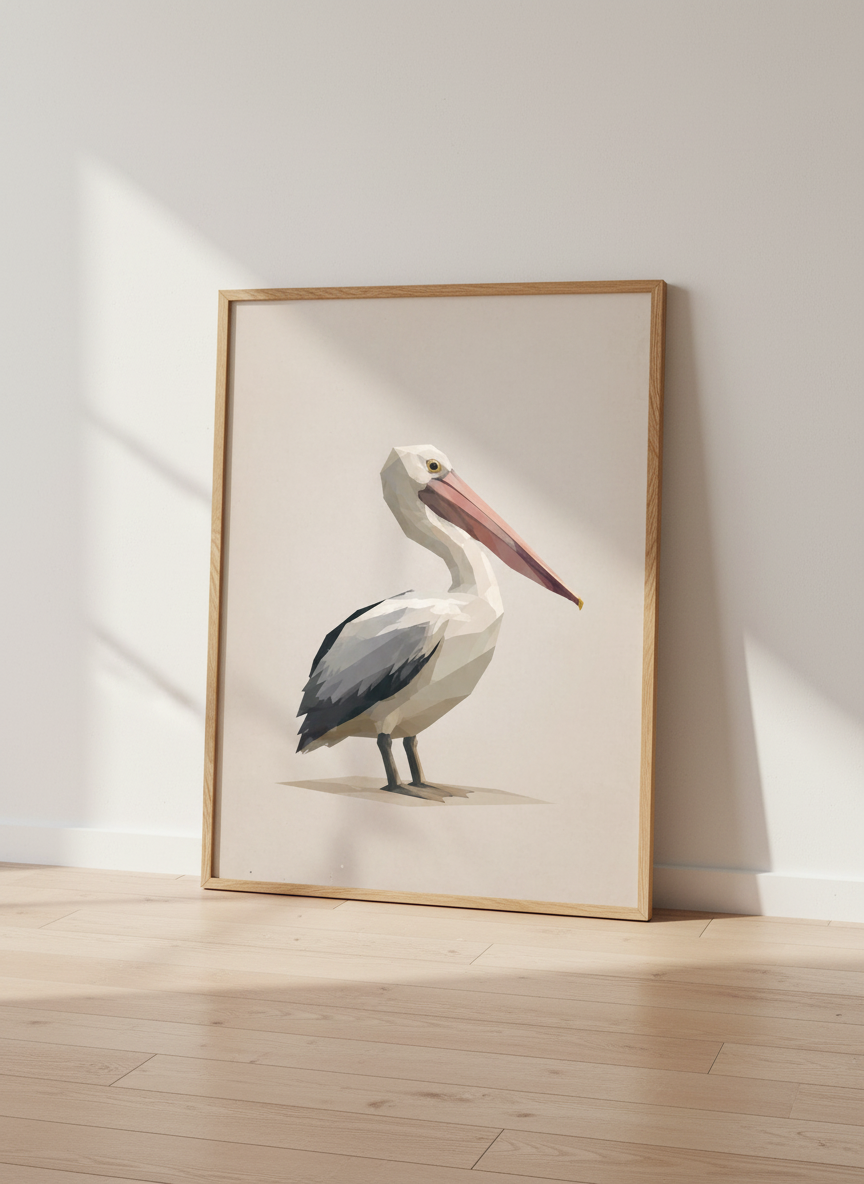 Low Poly Pelican Wall Art Print | Coastal Living Decor | Modern Geometric Ocean Bird Poster | Framed, Unframed, Digital Art