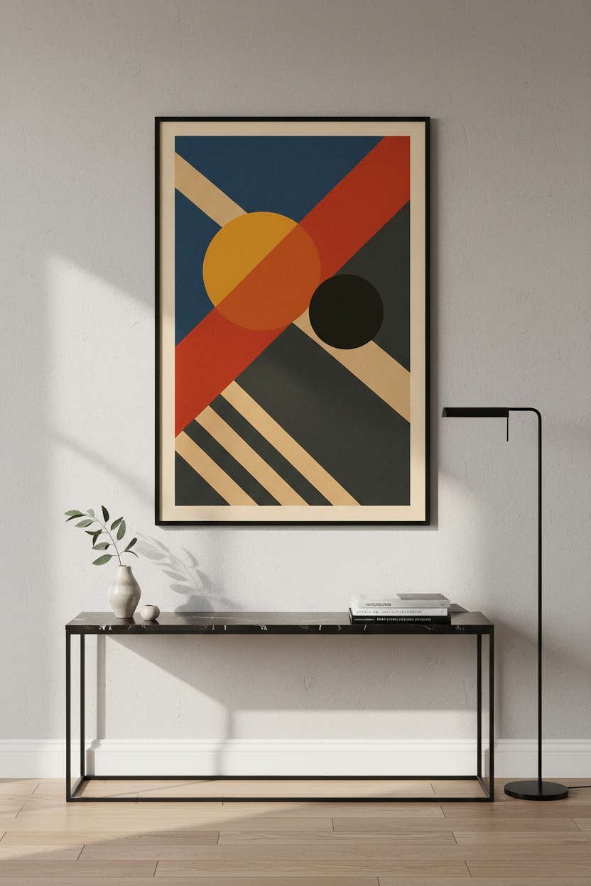 Abstract Geometric Wall Art Print | Mid Century Modern &amp; Bauhaus Decor | Living Room Poster | Minimalist Blue Orange Grey Art