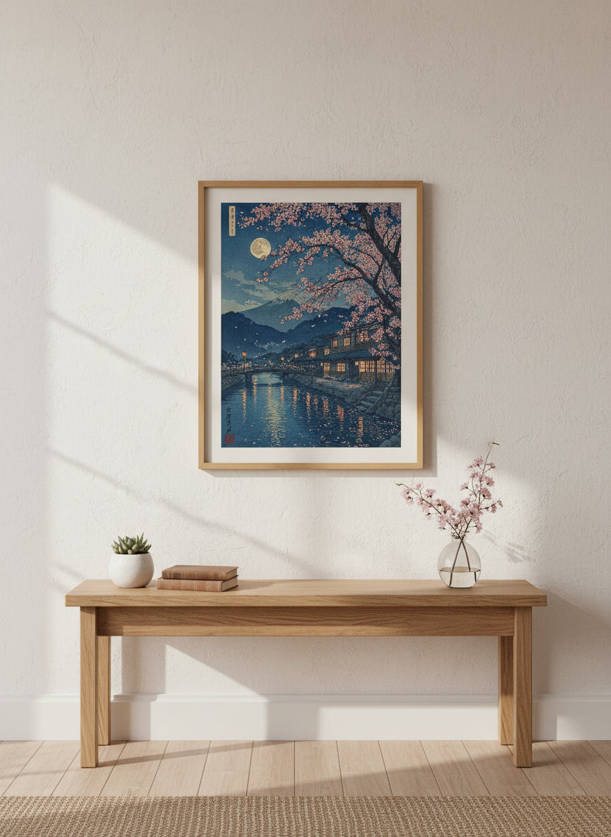 Mount Fuji Cherry Blossom Print | Japanese Night Landscape, Bedroom Decor Art