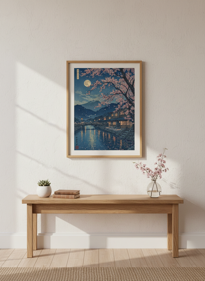 Mount Fuji Cherry Blossom Print | Japanese Night Landscape, Bedroom Decor Art