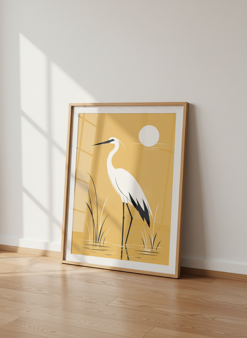 Heron Wall Art | Minimalist Egret Bird Print, Yellow Sunset Coastal Decor Poster
