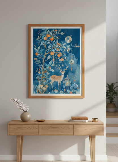 Mystical Deer &amp; Moon Wall Art | Chinoiserie Blue &amp; Orange Poster | Living Room Decor