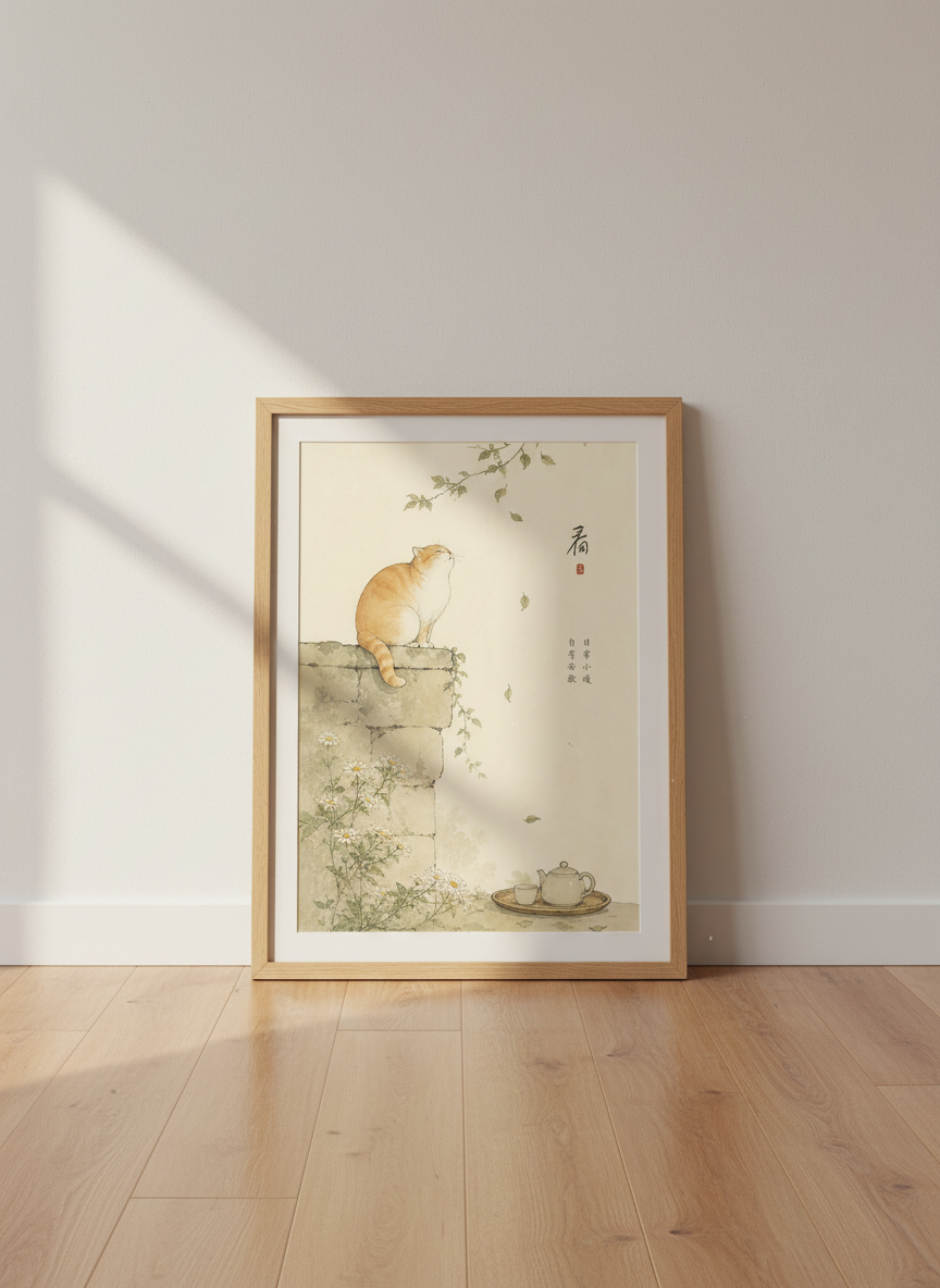 Ginger Cat Wall Art | Japanese Ink Style Zen Poster, Minimalist Home Decor