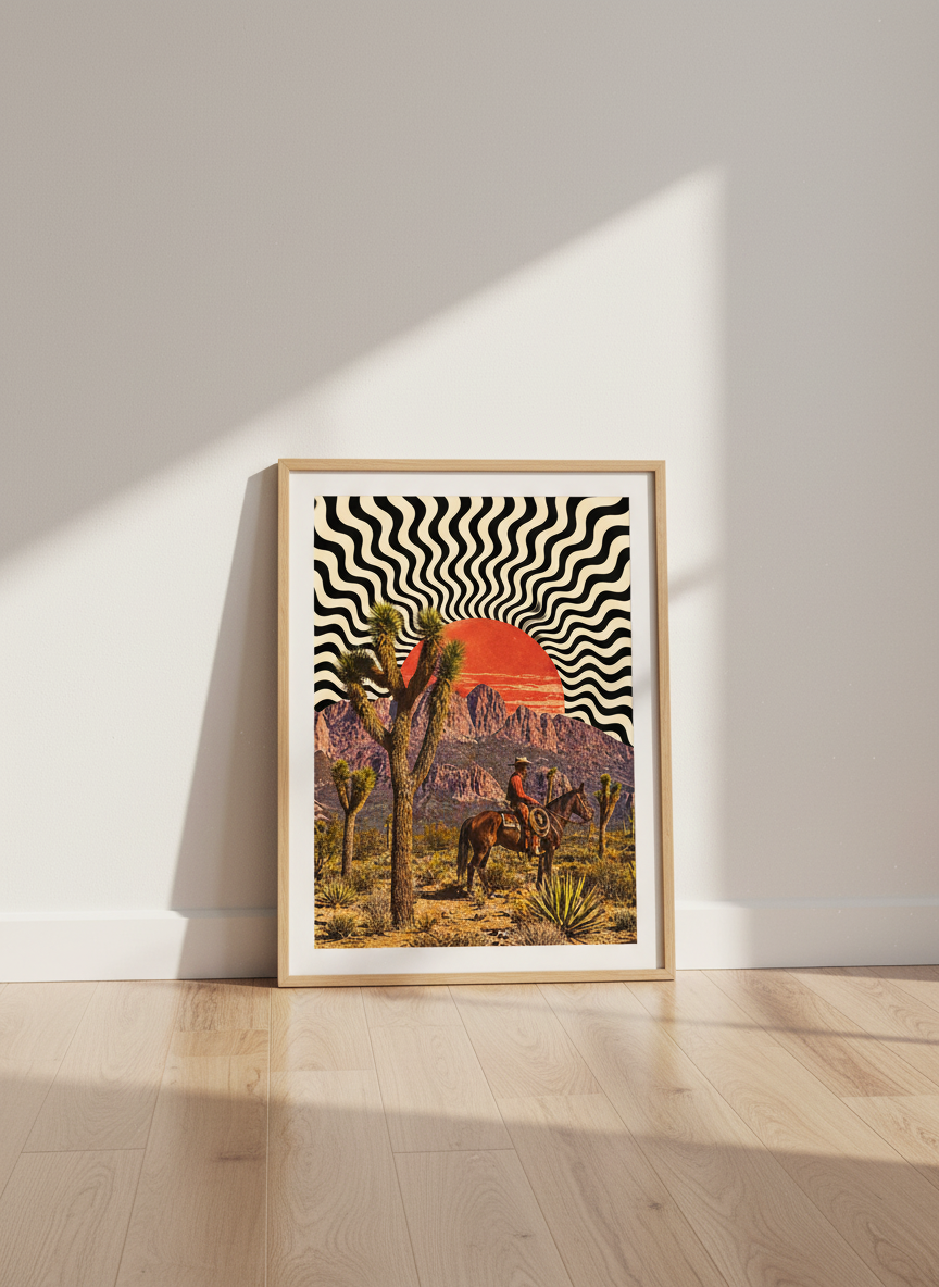 Retro Desert Cowboy Wall Art Print | Mid Century Modern Decor | Psychedelic Western Poster | Framed Unframed Digital Instant Download