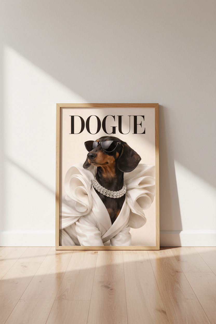 Dogue Magazine Dachshund Wall Art Print | Funny Dog Lover Decor | Chic Pet Fashion Poster | Unframed, Framed, Digital