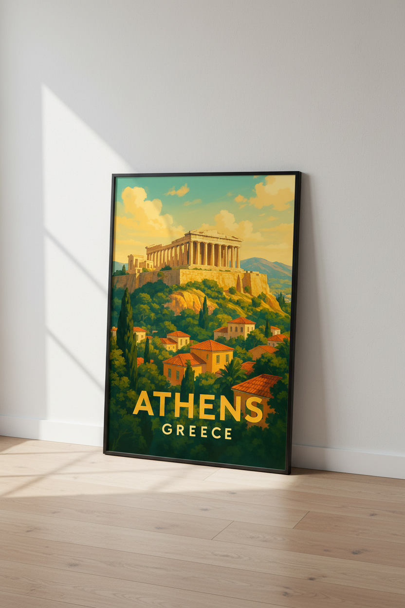 Retro Travel Poster Athens Greece Wall Art Print | Living Room Decor | Framed Acropolis Ancient City Poster