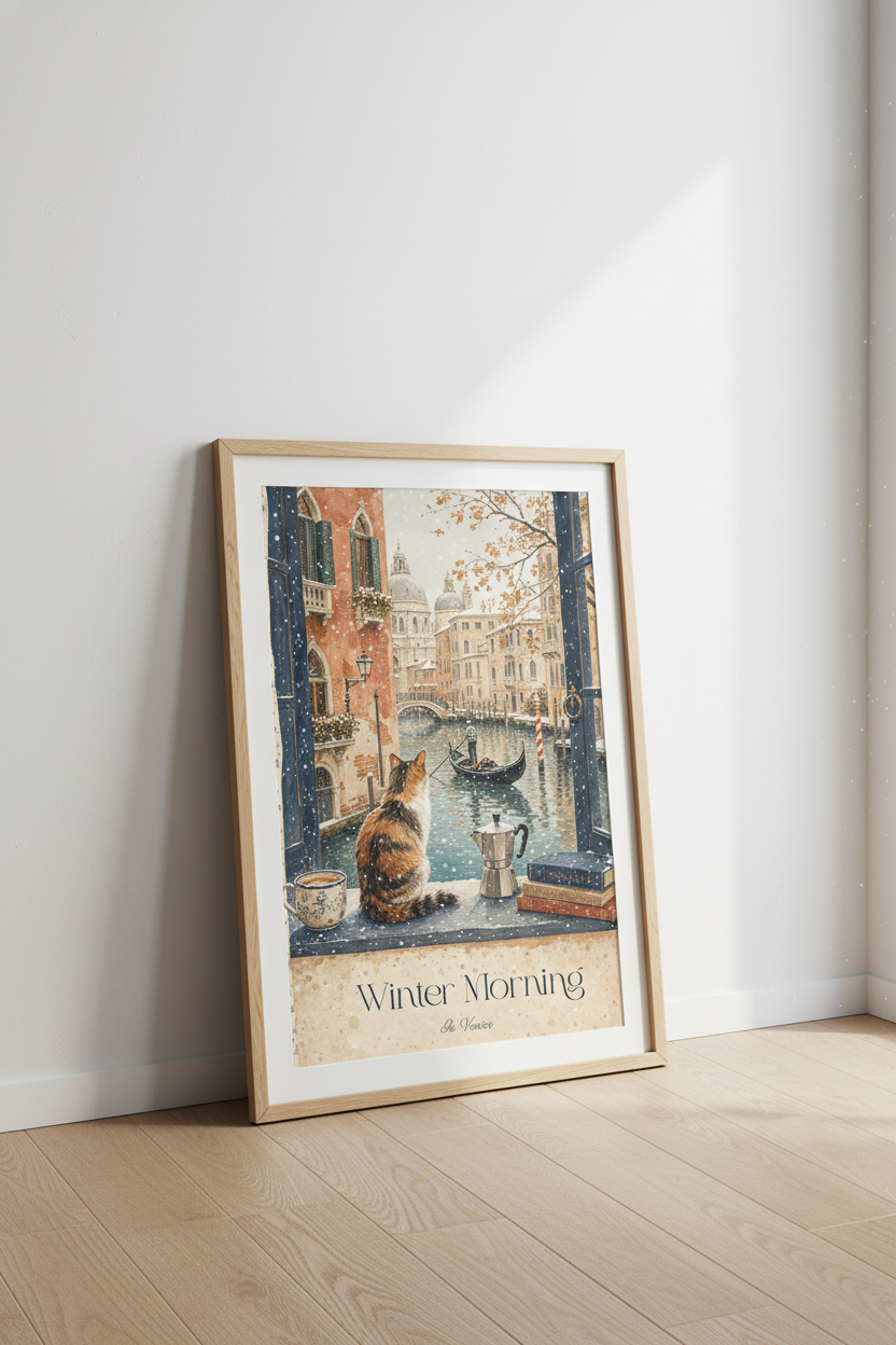Venice Winter Cat Wall Art | Cozy Italian Cityscape, Travel Poster Print