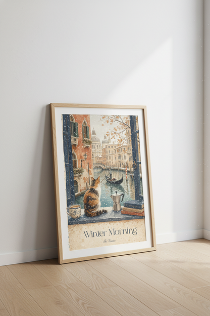 Venice Winter Cat Wall Art | Cozy Italian Cityscape, Travel Poster Print