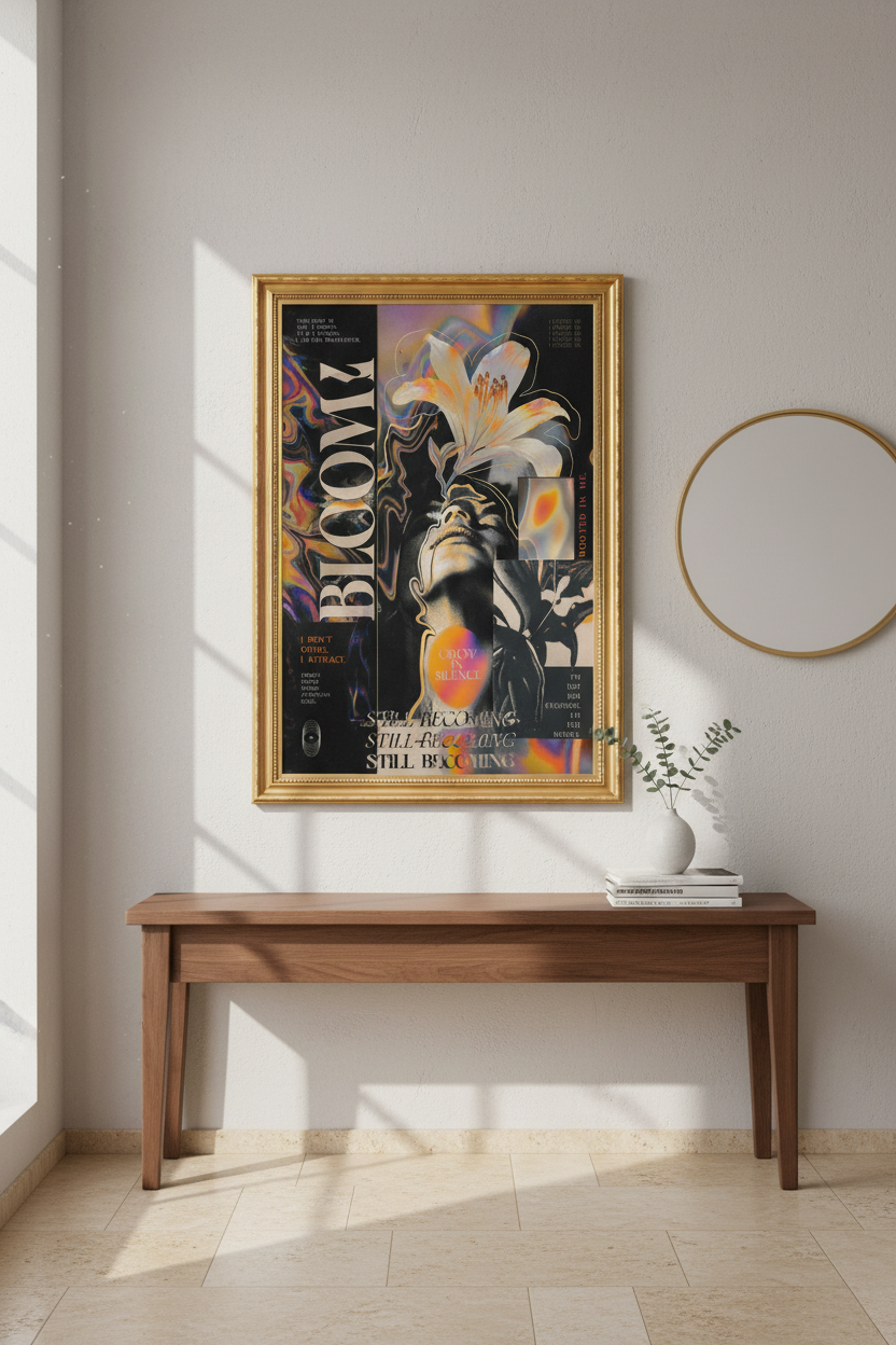 floral collage print | modern boho black gold livingroom decor