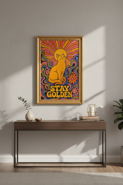 Retro Cat Poster | Psychedelic Sunburst Colors, Living Room Decor