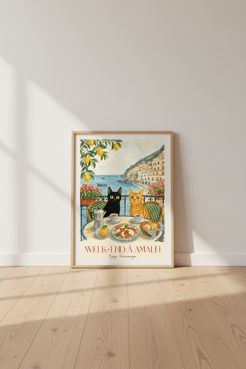 Amalfi Coast Cats Art Print | Italian Travel Poster | Whimsical Kitchen Decor