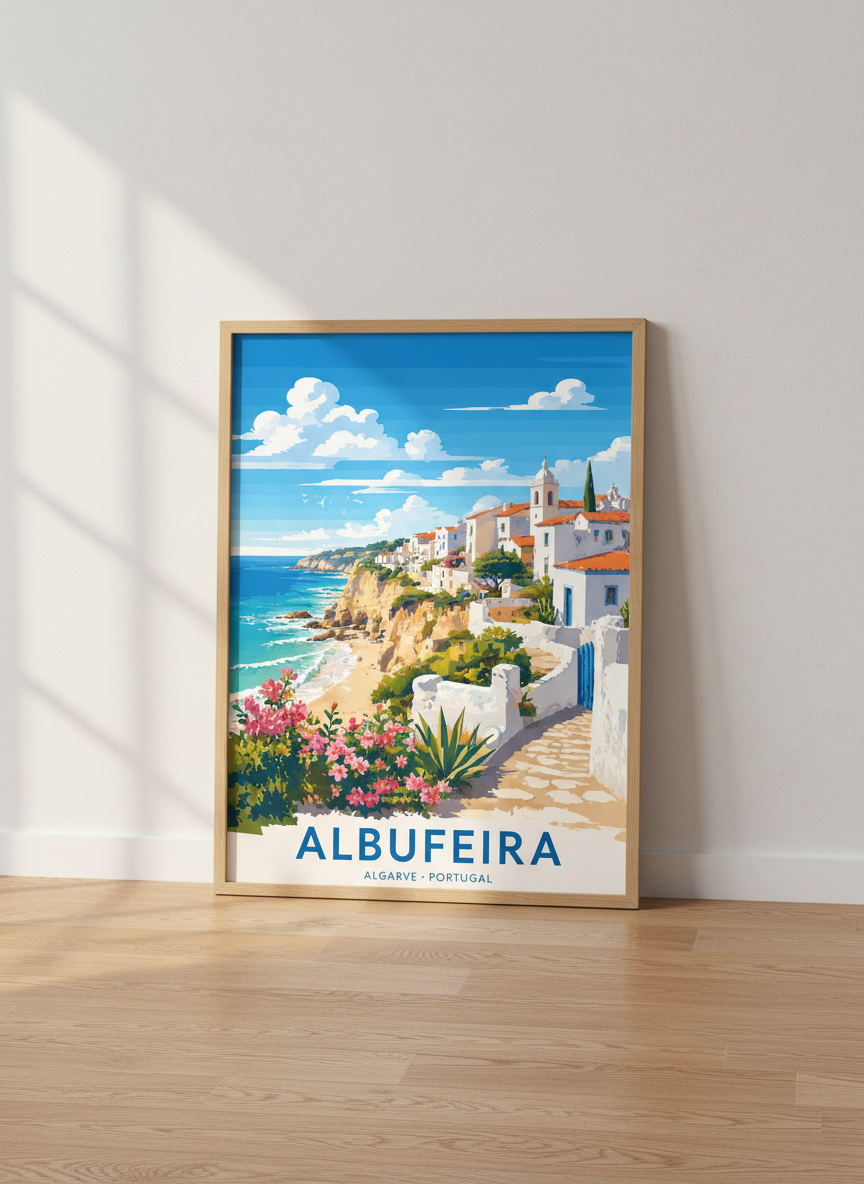 Albufeira Portugal Travel Poster | Algarve Coastal Wall Art Print, Living Room Decor