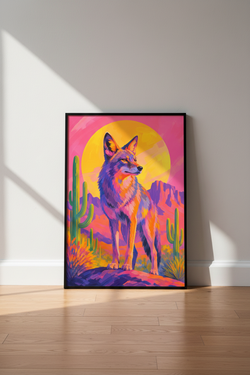 Neon Coyote Poster | Vibrant Desert Accent, Living Room