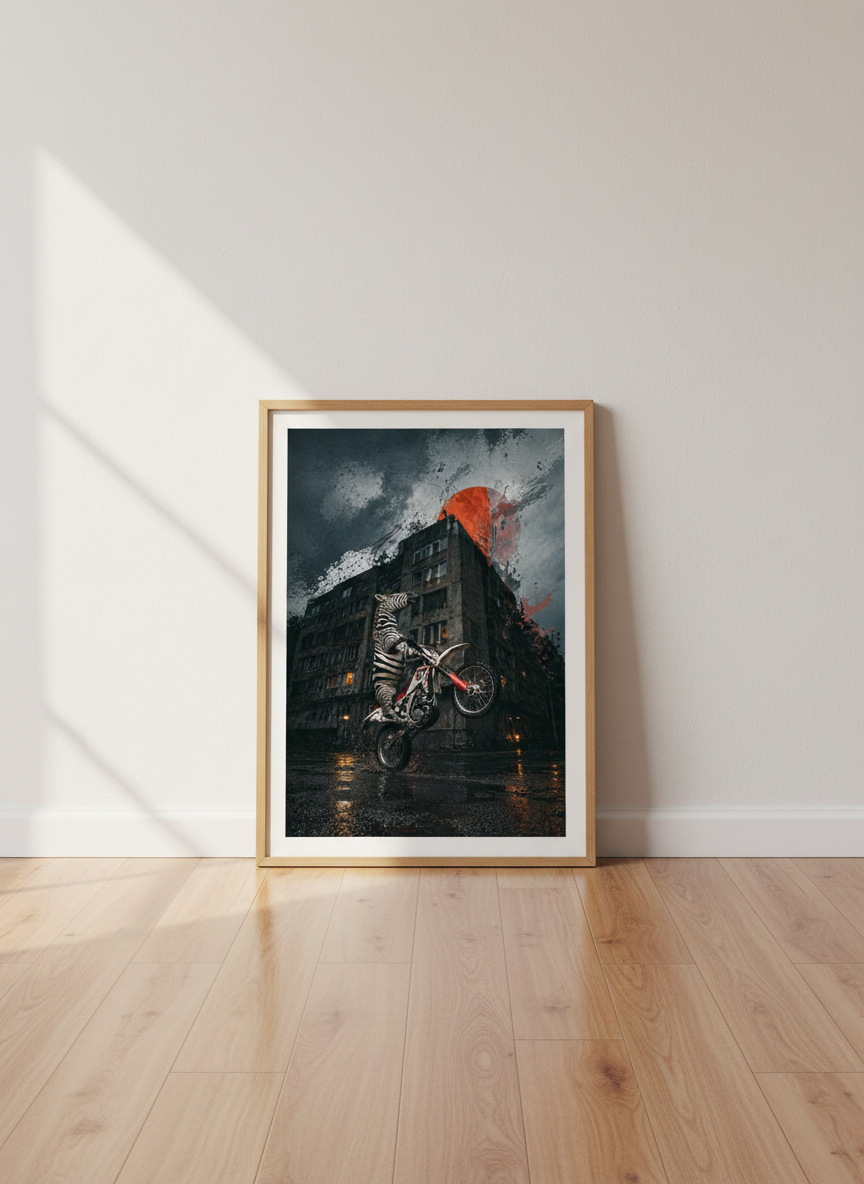Zebra on Motorcycle Art Print | Biker Wall Decor | Surreal Animal Poster Gift