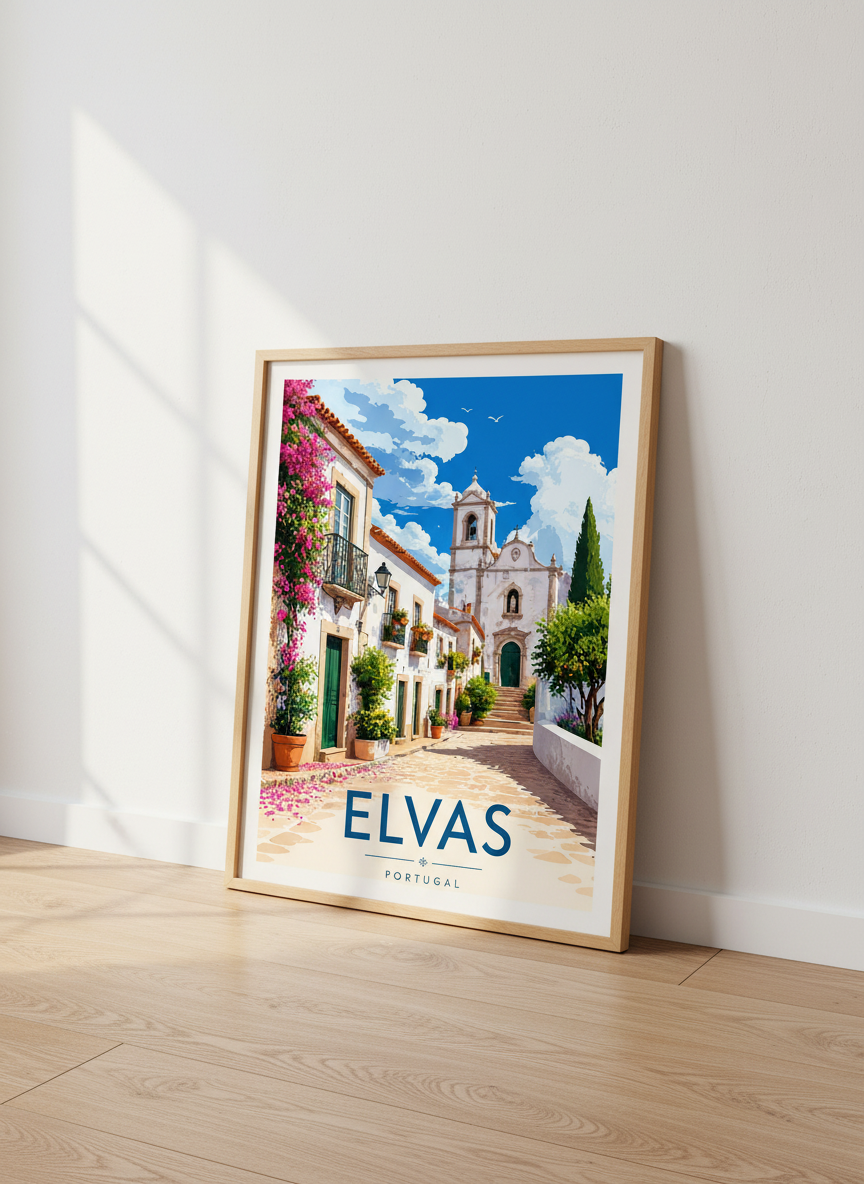 Elvas Portugal Travel Poster | Mediterranean Street Wall Art, Blue &amp; Pink Decor