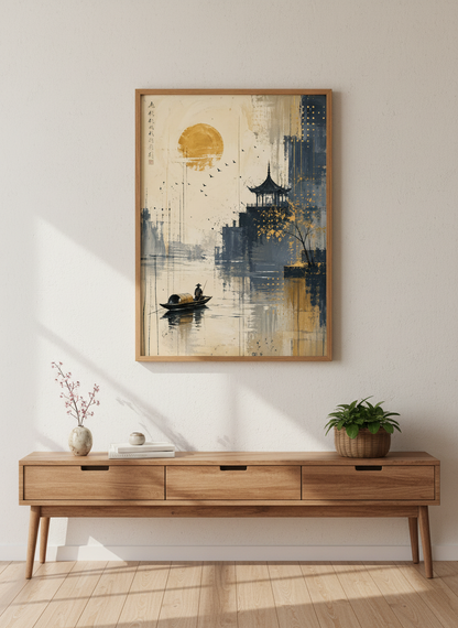Japanese Pagoda Landscape Art | Navy &amp; Gold Abstract, Zen Home Decor Poster