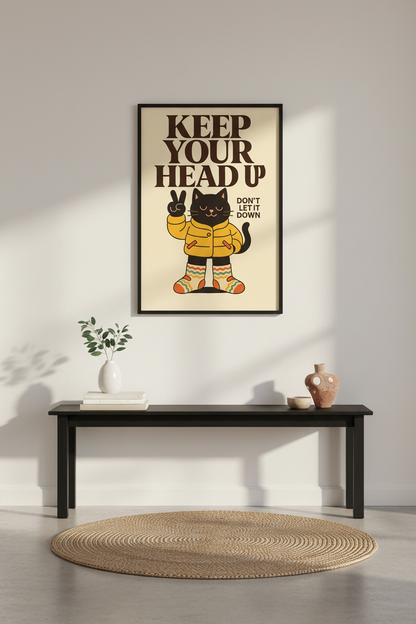 Retro Cartoon Cat Wall Art Print | Boho Bedroom Decor | Positive Quote Poster | Keep Your Head Up Motivational Decor