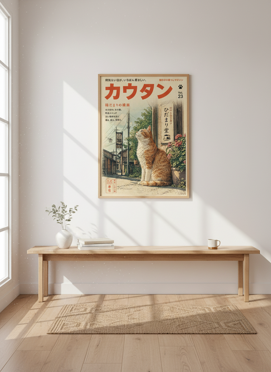 Japanese Cat Magazine Wall Art | Retro Ginger Tabby Poster, Japandi Living Room Decor
