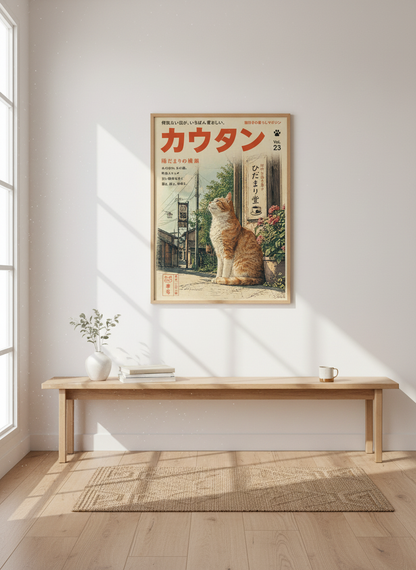 Japanese Cat Magazine Wall Art | Retro Ginger Tabby Poster, Japandi Living Room Decor