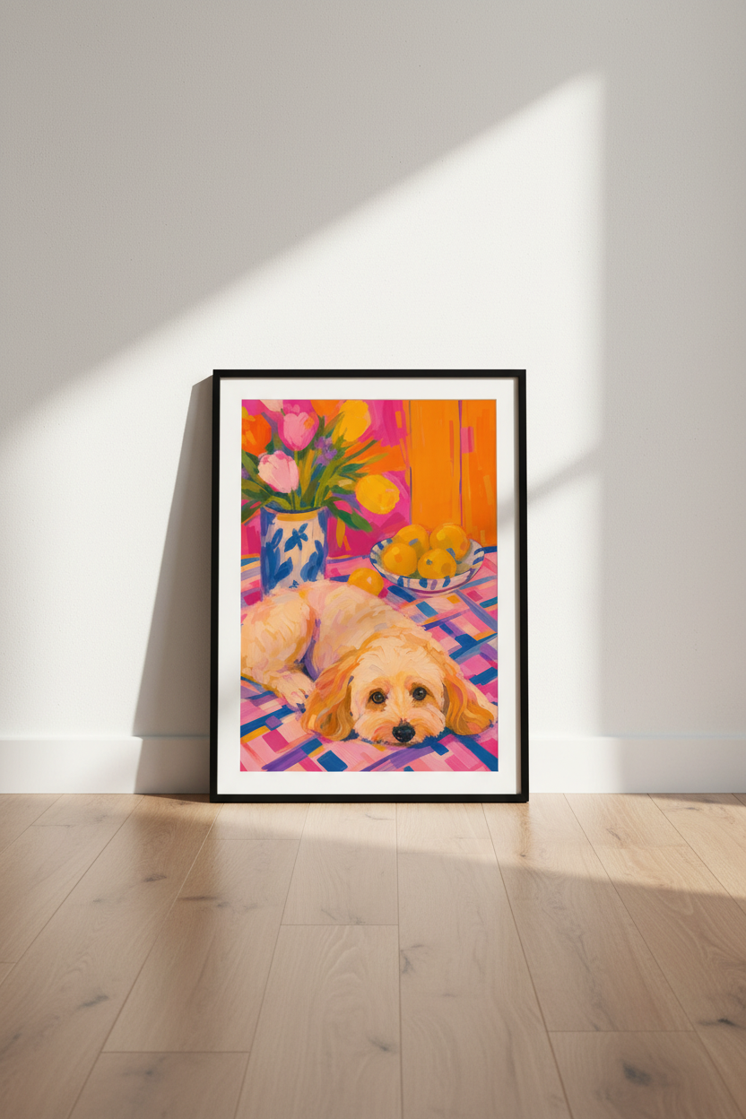 Vibrant Dog Poster | Bold Floral Palette, Living Room Decor