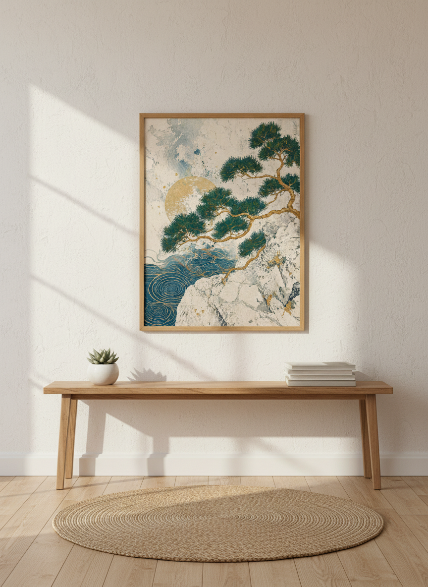 Japanese Pine Tree Wall Art Print | Teal &amp; Gold Nature Decor | Zen Landscape Poster