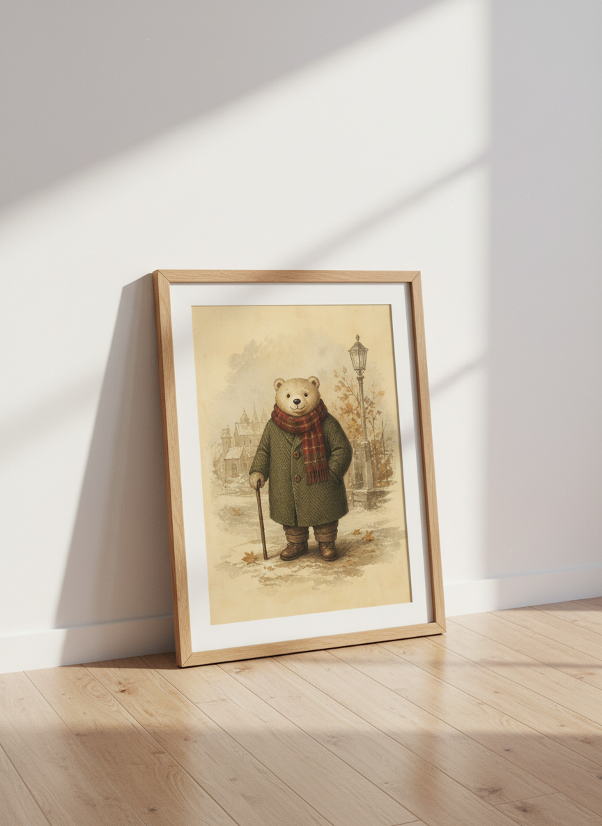 Gentle Bear in Tweed Coat Art | Vintage Autumn Aesthetic, Nursery &amp; Study Decor
