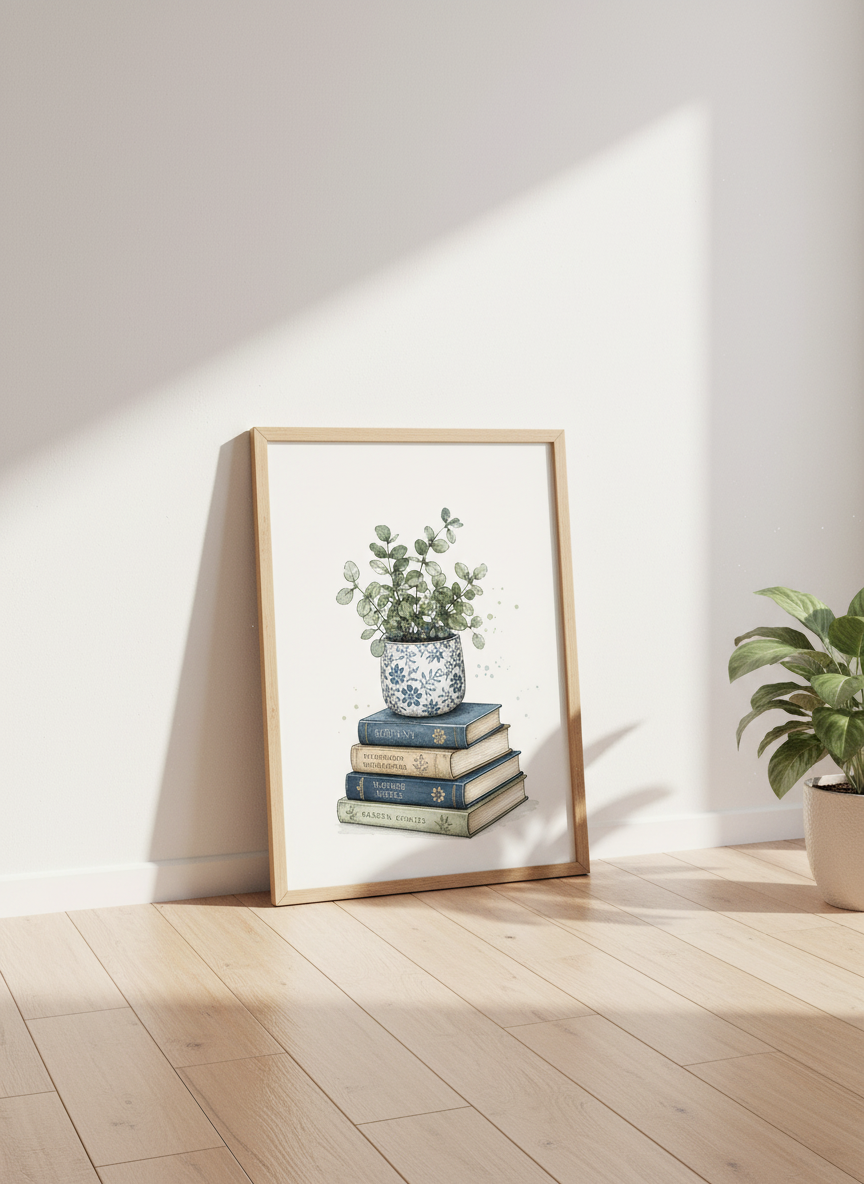 Botanical Book Stack Print | Watercolor Library Decor | Dark Academia Poster