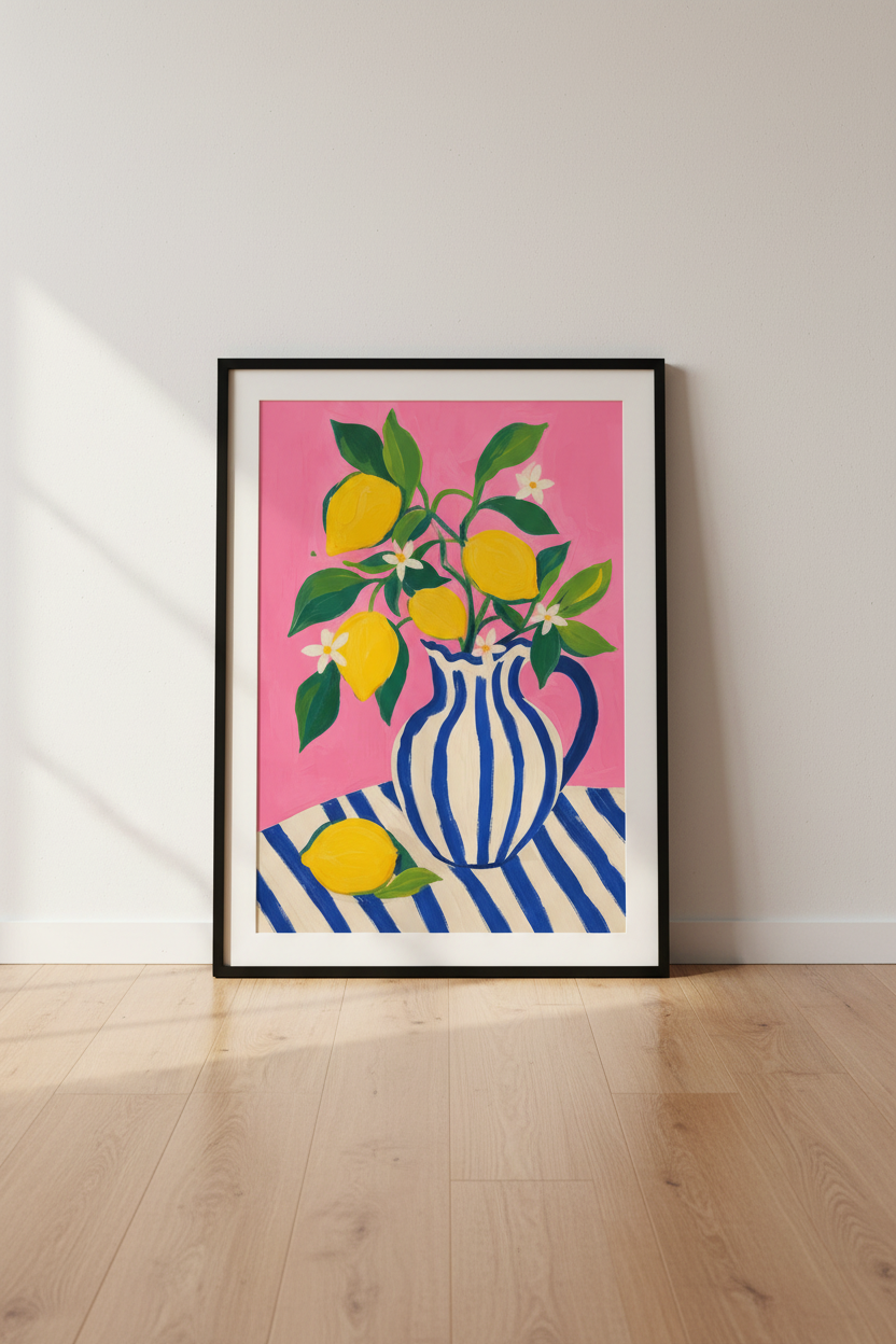 lemon wall art print | modern citrus pink blue, kitchen decor