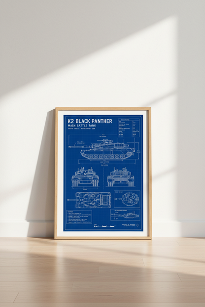 K2 Black Panther Tank Blueprint Wall Art | Military Decor | Blue Technical Poster