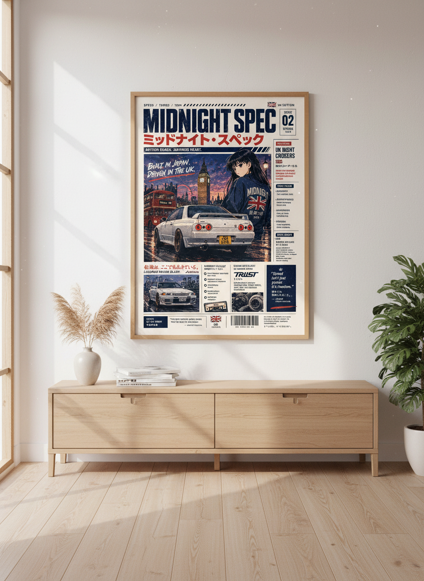 JDM Skyline R32 GTR Anime Girl Art | UK Street Car Poster | Retro 90s Car Decor
