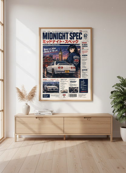 JDM Skyline R32 GTR Anime Girl Art | UK Street Car Poster | Retro 90s Car Decor