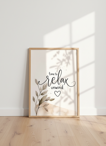 Time to Relax &amp; Unwind Wall Art | Neutral Botanical Decor | Minimalist Poster Print