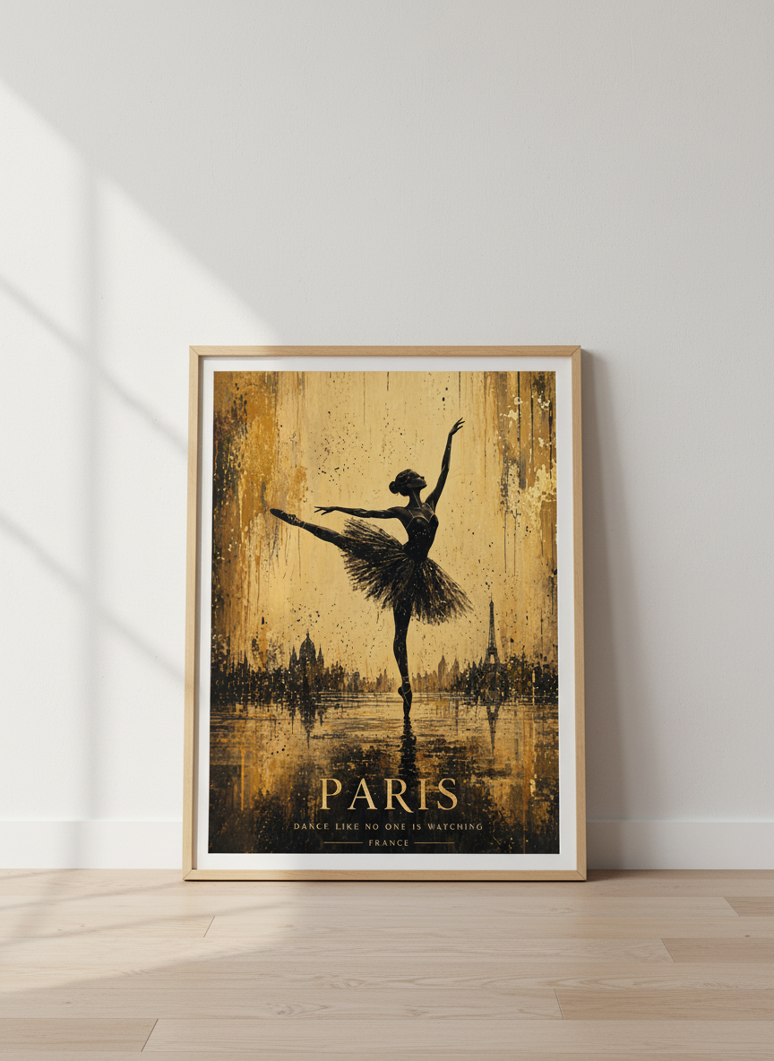 Paris Ballerina Wall Art | Gold Black Dancer Print, Eiffel Tower Poster