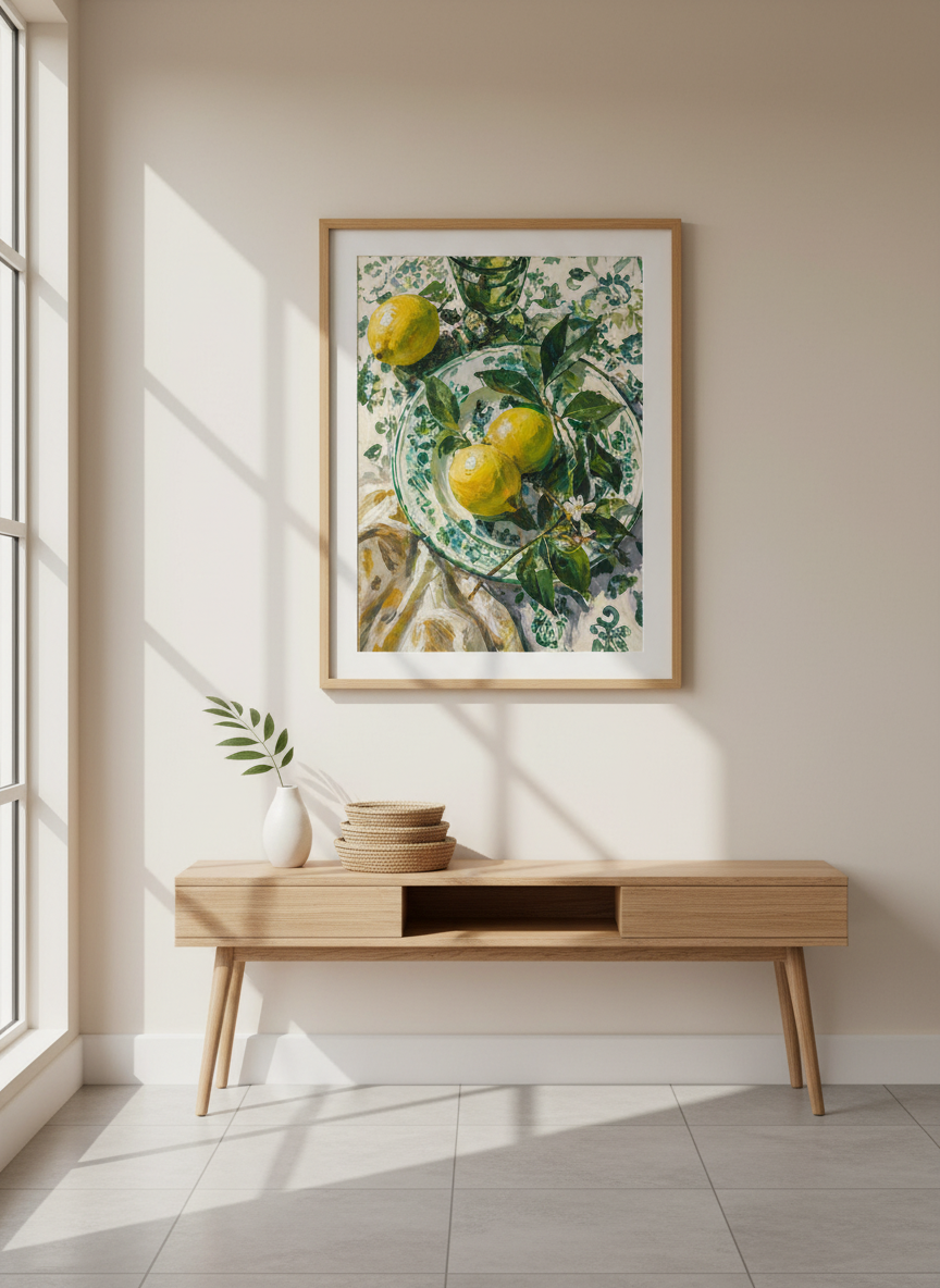 Lemon Still Life Print | Green &amp; Yellow Mediterranean Decor | Impressionist Poster