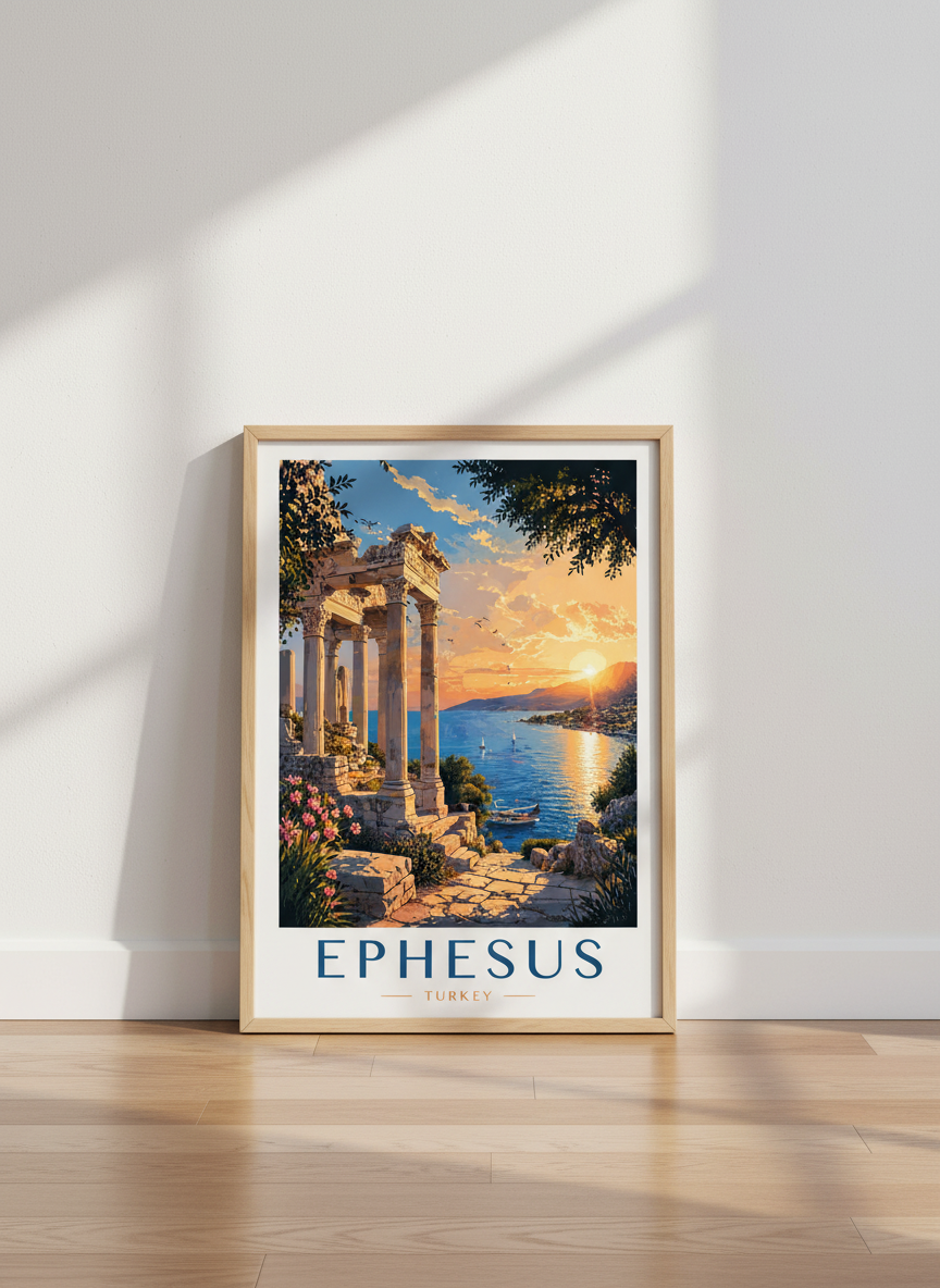 Ephesus Turkey Travel Poster | Ancient Mediterranean Sunset Wall Art | Coastal Decor