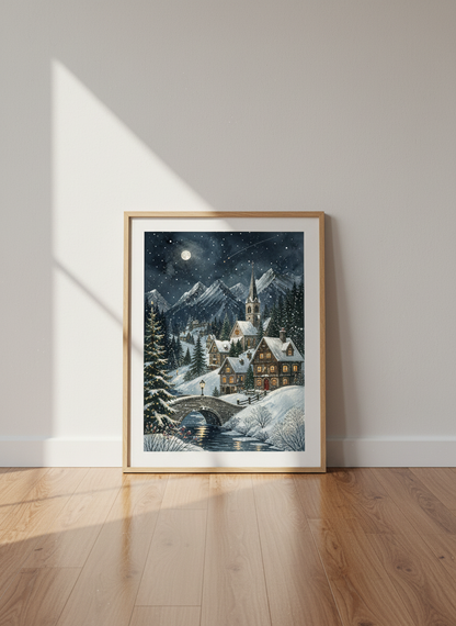 Winter Village Mountain Wall Art | Snowy Night Watercolor Print, Alpine Cabin Decor