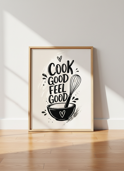 Kitchen Quote Art | "Cook Good Feel Good" Whisk Bowl Print, Bakery Decor