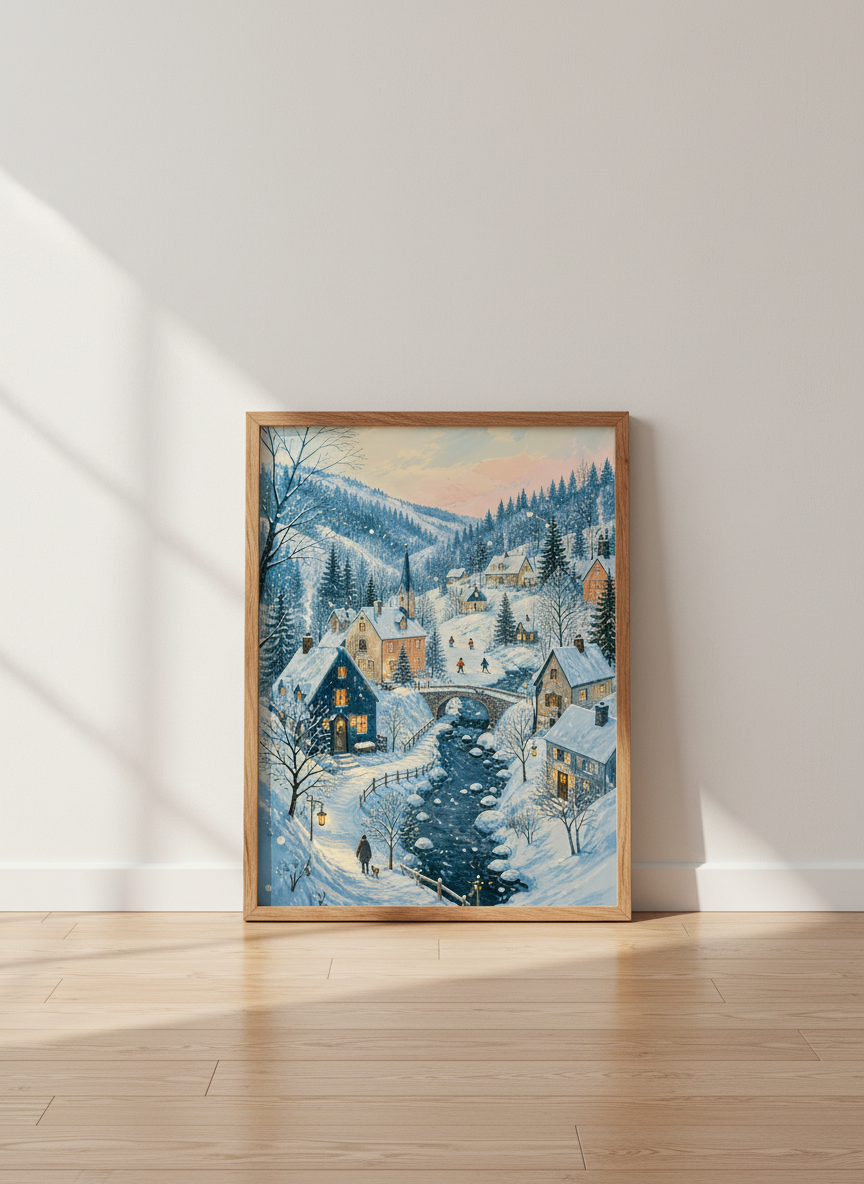 Winter Village Scene Wall Art | Snowy Mountain Folk Art, Cozy Holiday Decor