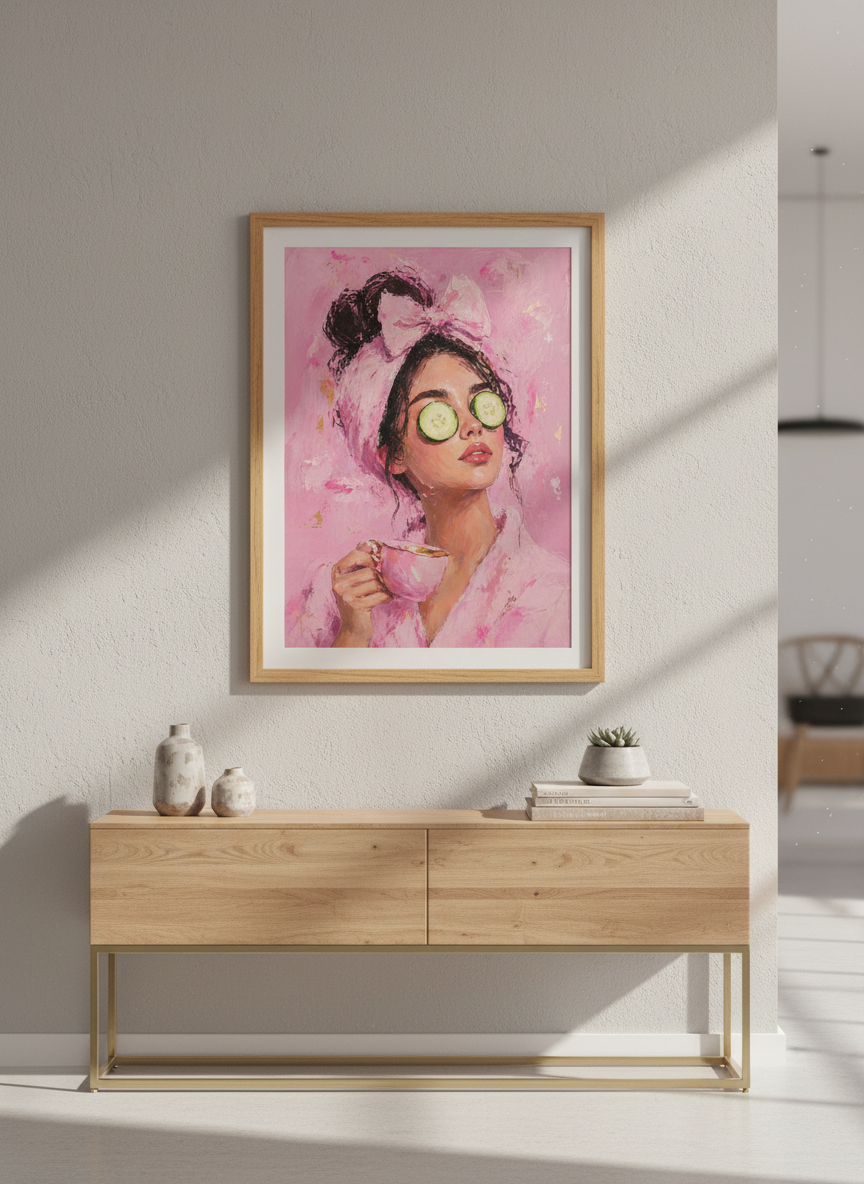 Pink Spa Girl Painting | Whimsical Coquette Portrait, Bathroom &amp; Vanity Decor