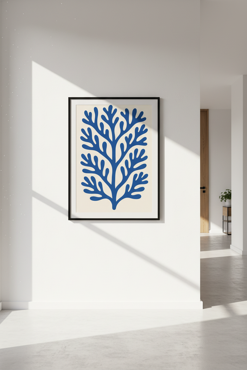 Abstract Ocean Coral Framed Wall Art | Coastal Living Room Decor | Mid Century Blue Aesthetic Poster | Ready to Hang Print