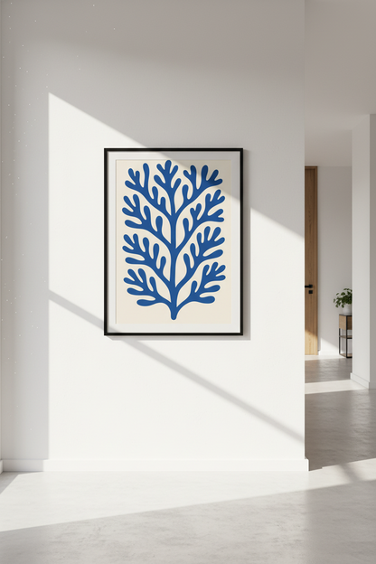 Abstract Ocean Coral Framed Wall Art | Coastal Living Room Decor | Mid Century Blue Aesthetic Poster | Ready to Hang Print