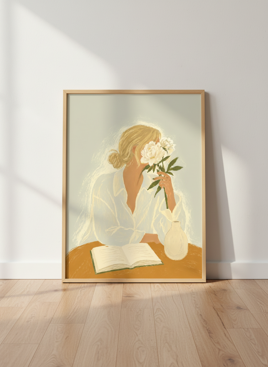 Aesthetic Woman with Peonies Art Print | Minimalist Living Room Decor | Cozy Bedroom Poster | Self-Care Gift
