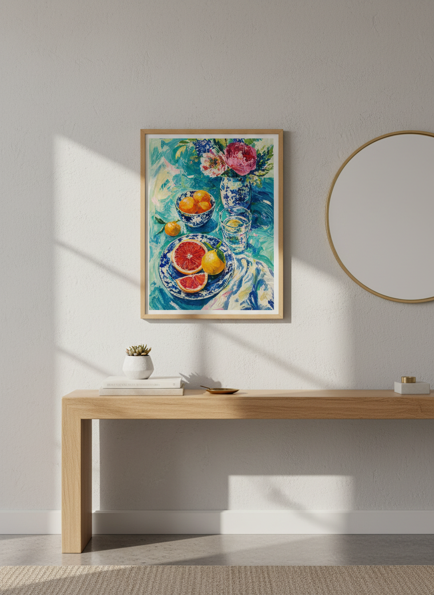 Grapefruit &amp; Peonies Still Life | Vibrant Teal Floral Oil Painting, Kitchen Decor Poster