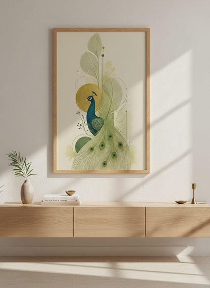 Art Deco Peacock Wall Art Print | Living Room Decor | Teal Gold Aesthetic Poster