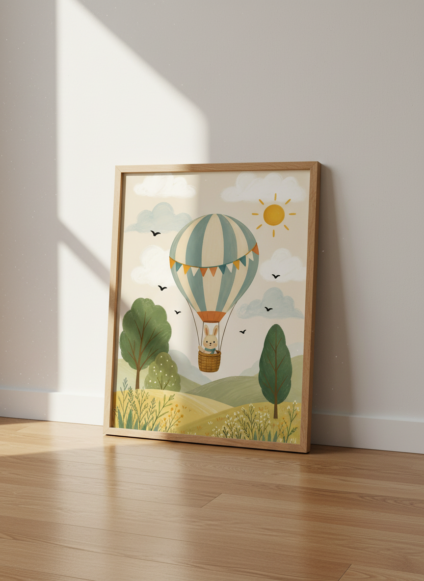 Bunny Hot Air Balloon Nursery Wall Art | Sage Green &amp; Blue Decor | Whimsical Poster