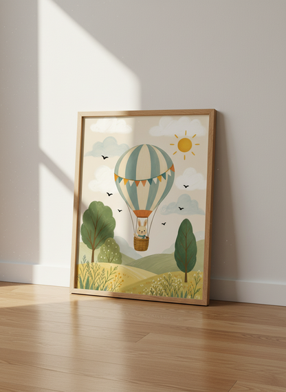 Bunny Hot Air Balloon Nursery Wall Art | Sage Green &amp; Blue Decor | Whimsical Poster