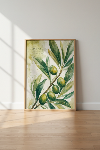 Olive Grove Botanical Art | Green Mediterranean Poster, Italy Kitchen Decor