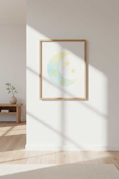 Minimalist Moon &amp; Stars Wall Art | Nursery Decor | Pastel Framed Poster | Kids Room Art | Dreamy Aesthetic | Ready to Hang